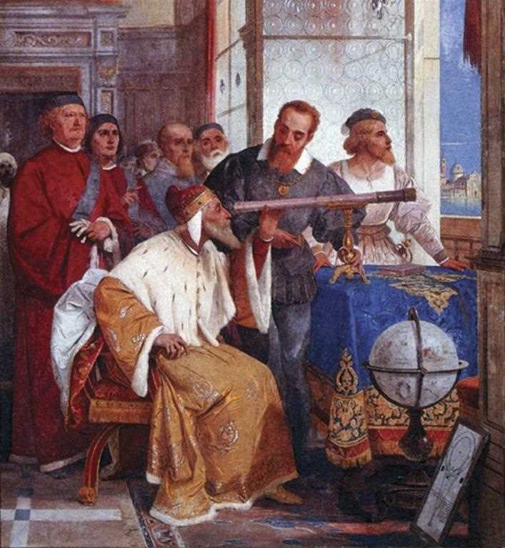 Galileo Galilei showing the Doge of Venice how to use the telescope, Bertini Room, Villa Andrea Ponti, fresco, 1858,  http://www.gabrielevanin.it/Bertini.jpg