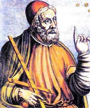  An imaginary portrait of Claudius Ptolemaeus. The image is a later coloured copy.