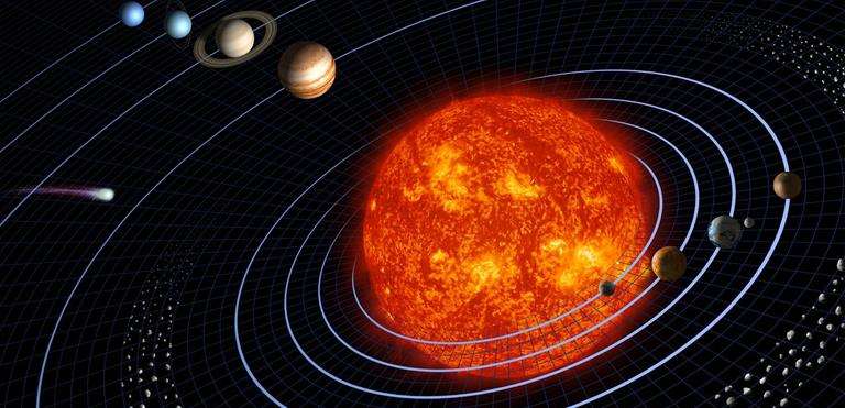  Gravitationen håller solsystemets planeter i omloppsbana kring solen. Fragment från ett foto av Harman Smith and Laura Generosa för NASA