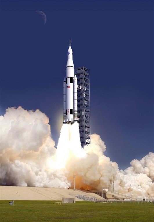 Raketuppskjutning  (Space Launch System, Artist's rendering of the SLS Block 1 launching with Orion)