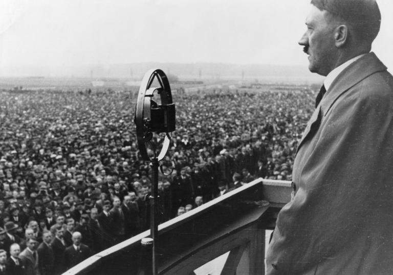 Adolf Hitler speaks at a rally in 1930. (Heinrich Hoffmann/Getty Images)