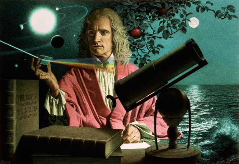 Isaac Newton surrounded by symbols of some of his greatest findings