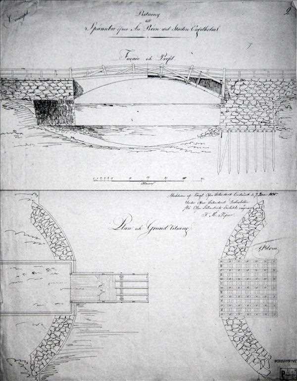 Fig. 3: Ritning till Spånnbro öfver Ån Röen vid Staden Engelholm, by F. Blom. Belonging to Riksarkivet, Stockholm